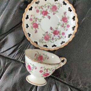 🌹 Vintage Bone China Rose Reticulated Saucer Teacup Beauty EVC